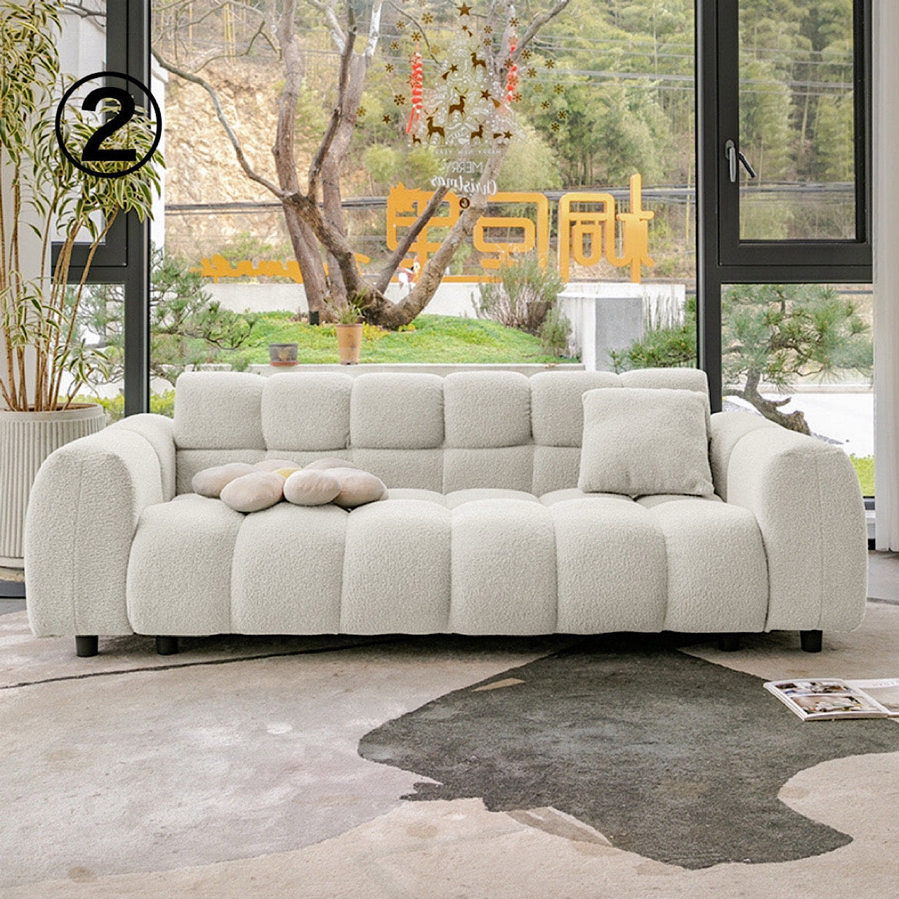 クリーム風 ファブリック ソファ リビング ルーム 家庭用 ダブルストレート ソファ モダン マシュマロ 羊 ウール ゆったり ソファ