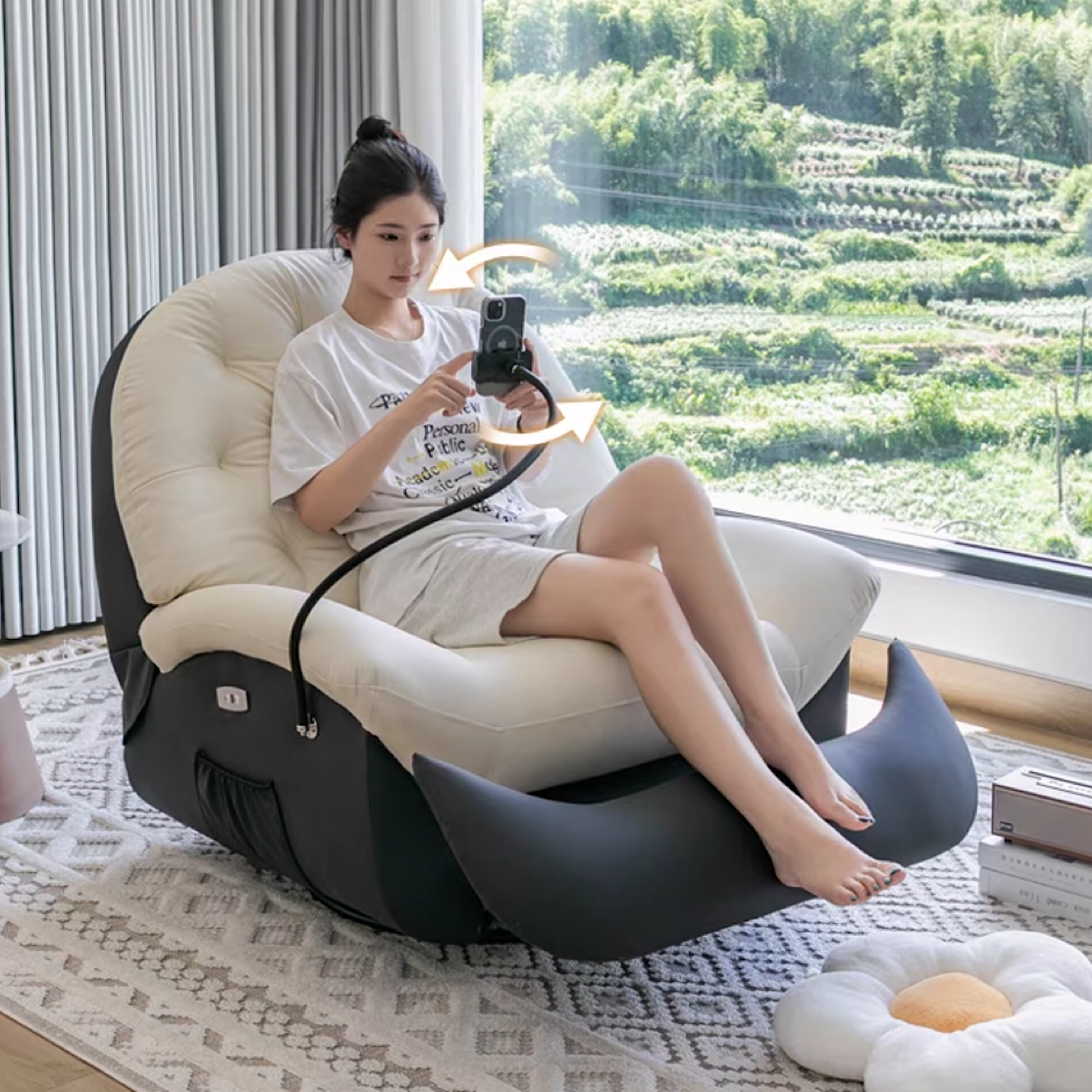 ソファ リクライニング ブラック×ホワイト スマホホルダー付き 足置き付き おしゃれ シンプル 1人用 チェア 1人暮らし