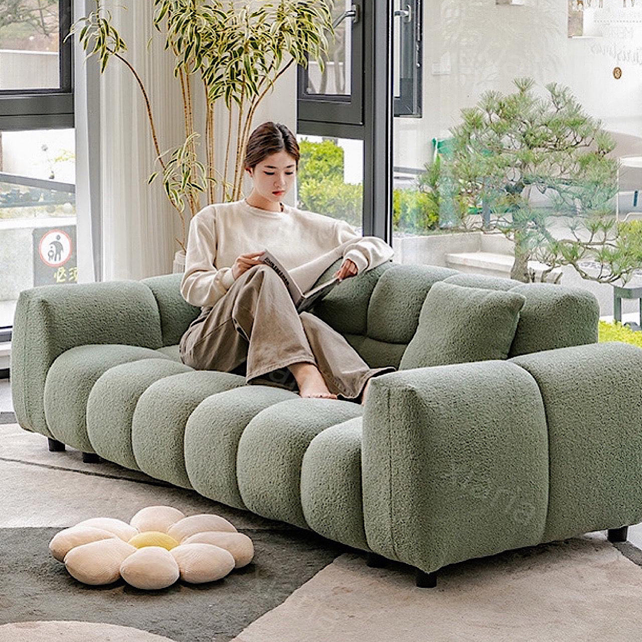 クリーム風 ファブリック ソファ リビング ルーム 家庭用 ダブルストレート ソファ モダン マシュマロ 羊 ウール ゆったり ソファ