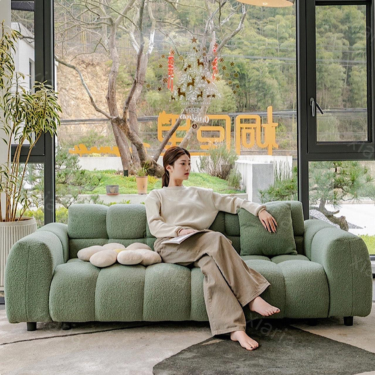 クリーム風 ファブリック ソファ リビング ルーム 家庭用 ダブルストレート ソファ モダン マシュマロ 羊 ウール ゆったり ソファ