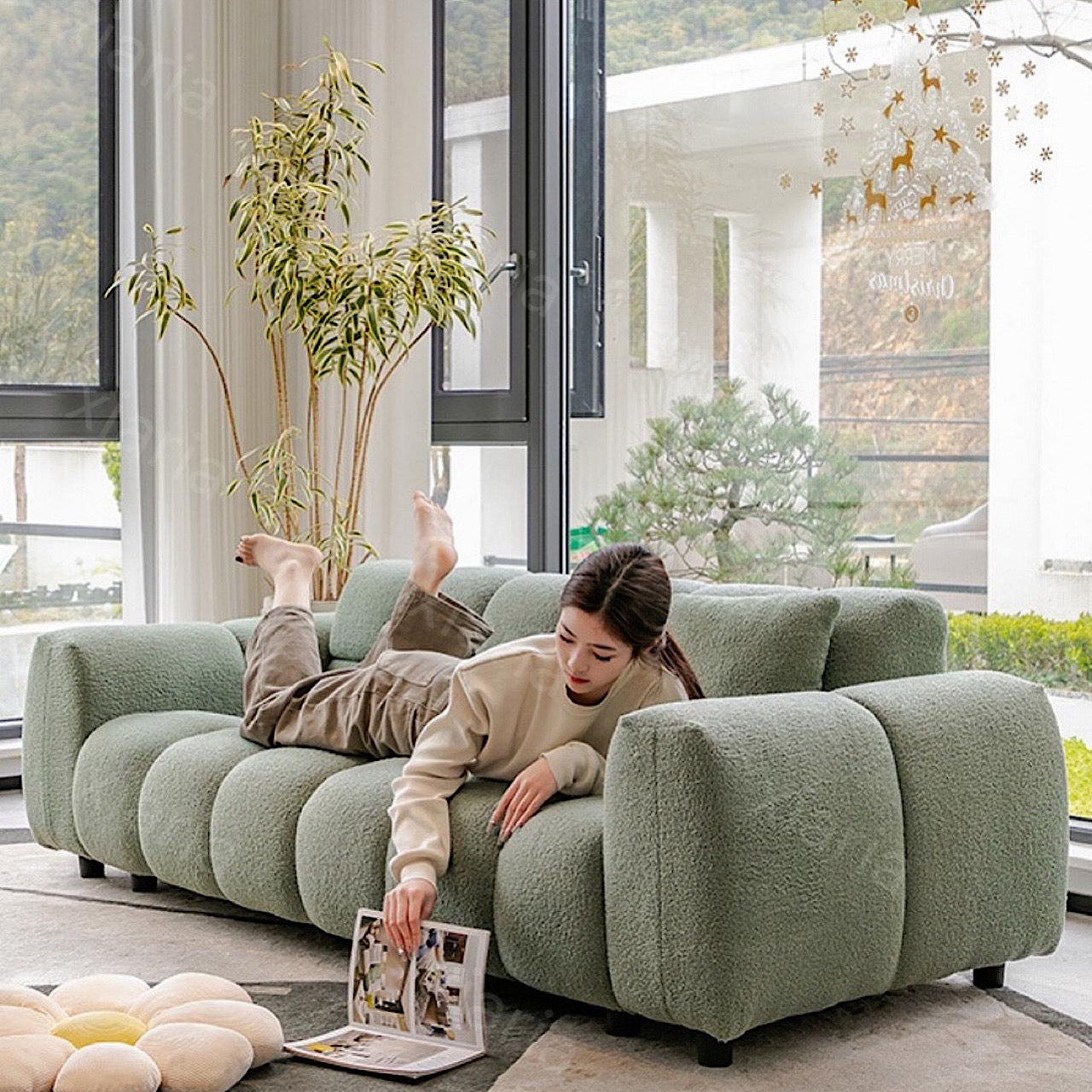 クリーム風 ファブリック ソファ リビング ルーム 家庭用 ダブルストレート ソファ モダン マシュマロ 羊 ウール ゆったり ソファ