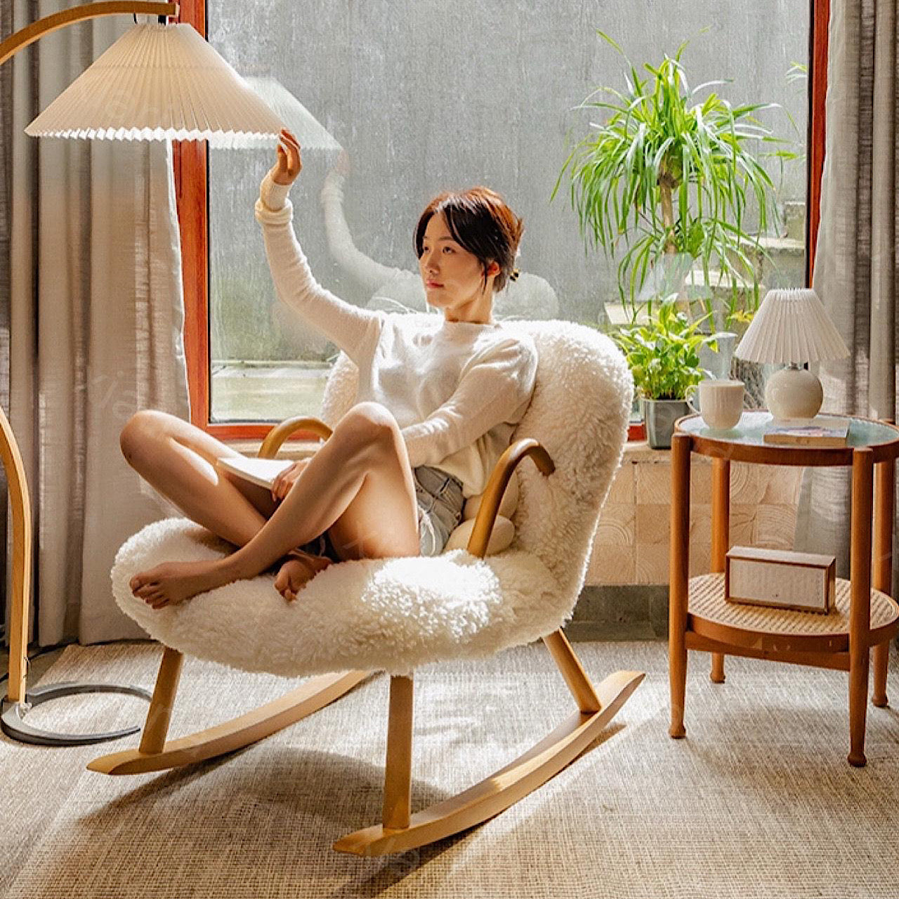 北欧風 ロッキング チェア ラムウール シャギー ホーム バルコニー