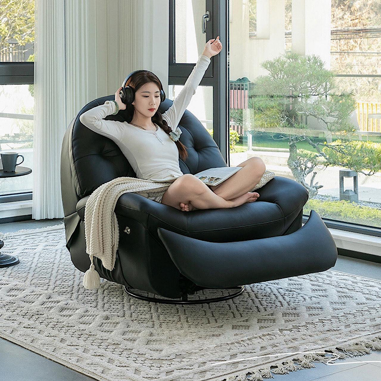 電動 シングル ソファ 多機能 エコレザー リクライニング ブラック ソファ